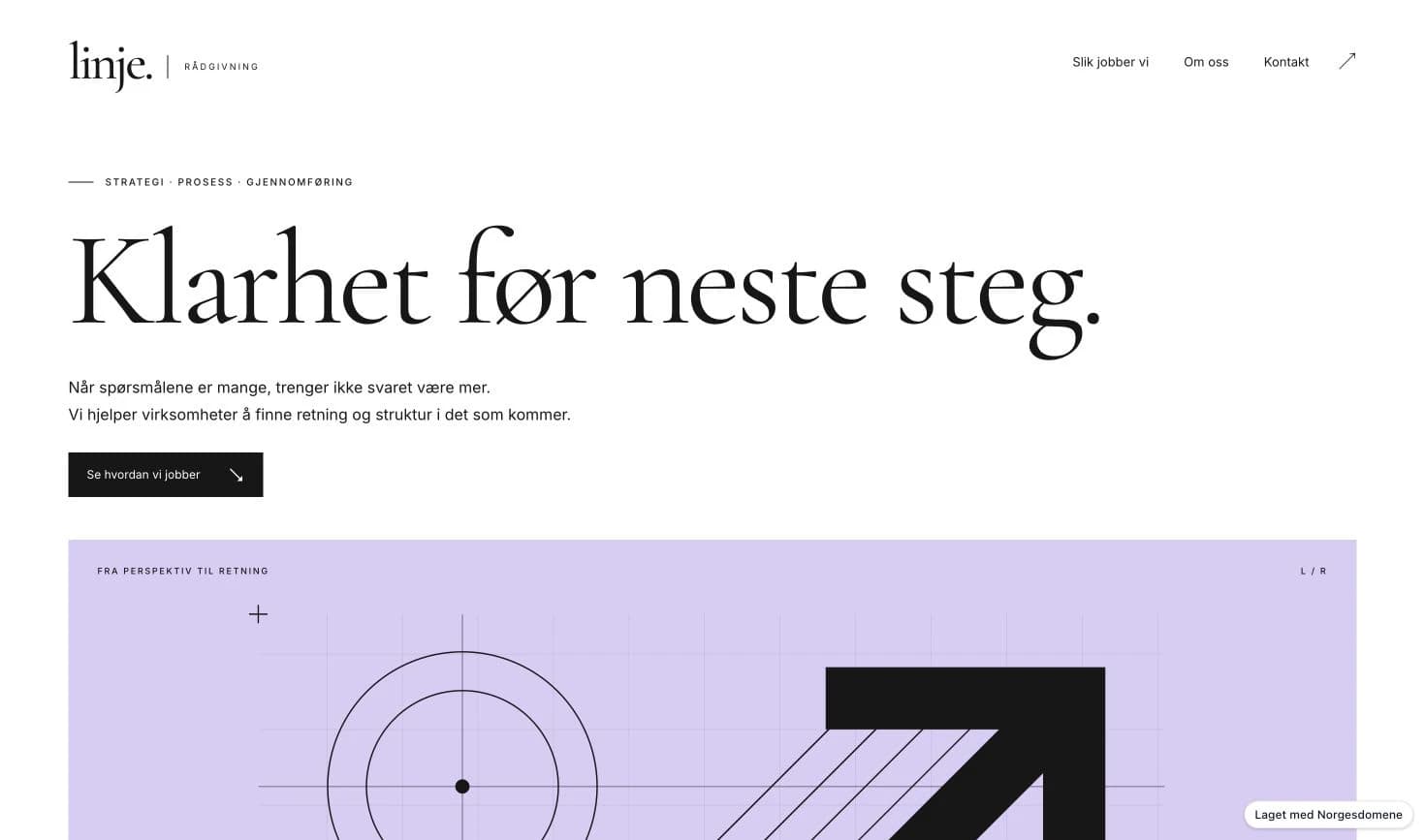 Konsulentdemo med stor serif-overskrift Klarhet før neste steg og geometrisk lavendelgrafikk.