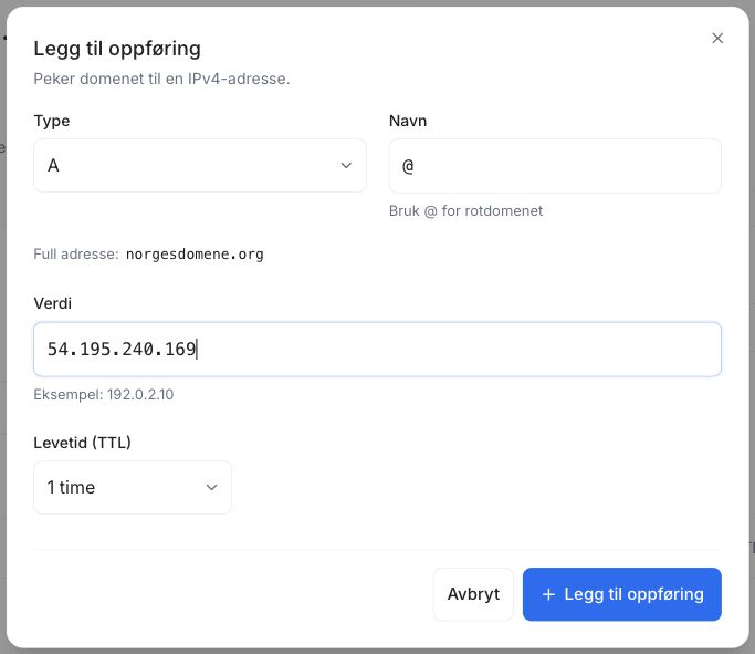 En A-post utfylt hos Norgesdomene med Navn @ og Mystore-adressen 54.195.240.169.