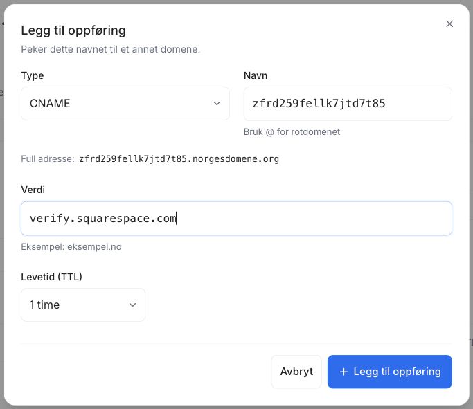Squarespace sin unike verifiserings-CNAME fylt inn i kundeportalen for norgesdomene.org, med mål verify.squarespace.com.